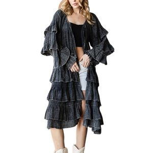 234. Women’s Black Mineral Wash Ruffled Long Duster NWT